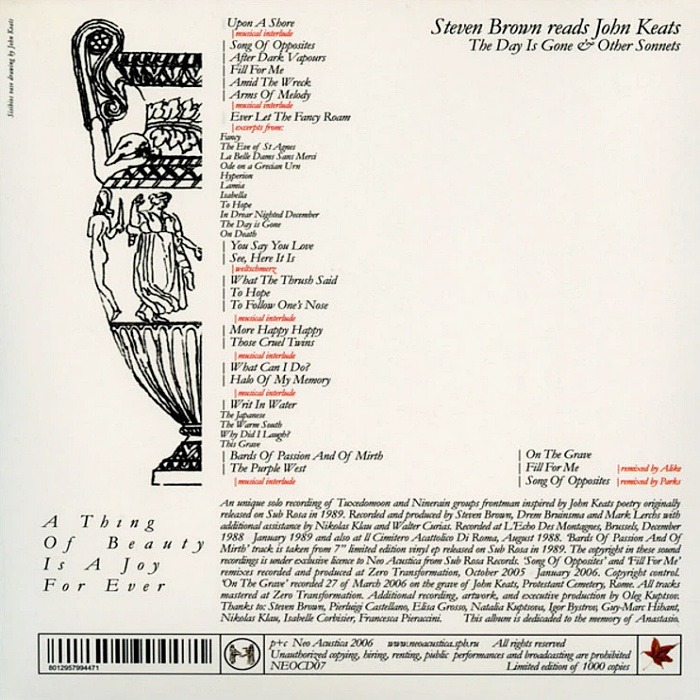 STEVEN BROWN - Reads John Keats The Day Is Gone & Other Sonnets - CD limited - NEOCD07_2
